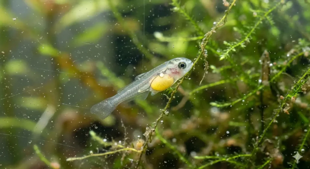 A tiny larva showing what is a baby fish called in its earliest yolk-sac stage
