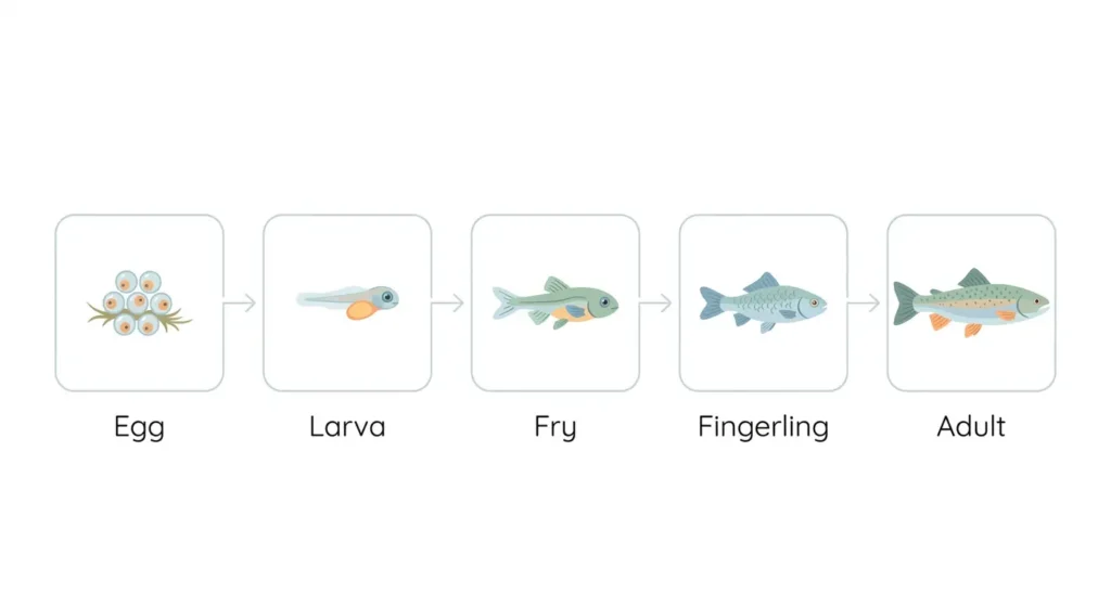 An infographic showing the life cycle of a fish from egg, larva, and fry to adult, explaining what is a baby fish called at each stage.